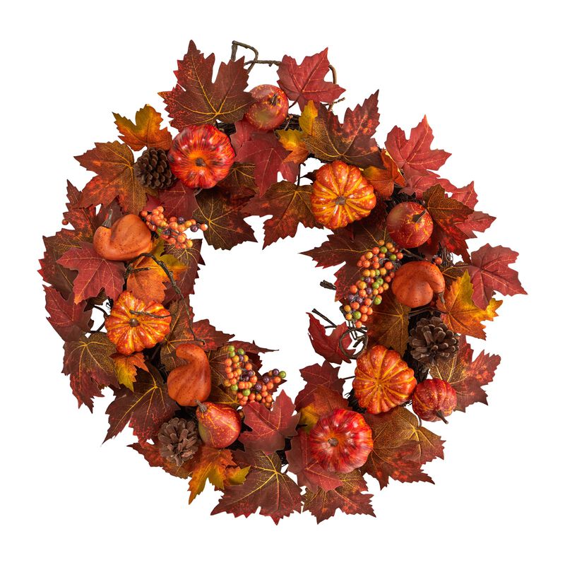 Hivvago 24" Autumn Maple Leaves, Pumpkin, Pinecone and Berries Artificial Fall Wreath