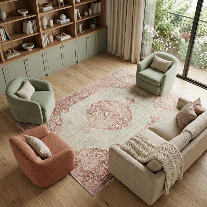 HomeRoots 10' X 13' Ivory And Pink Medallion Area Rug