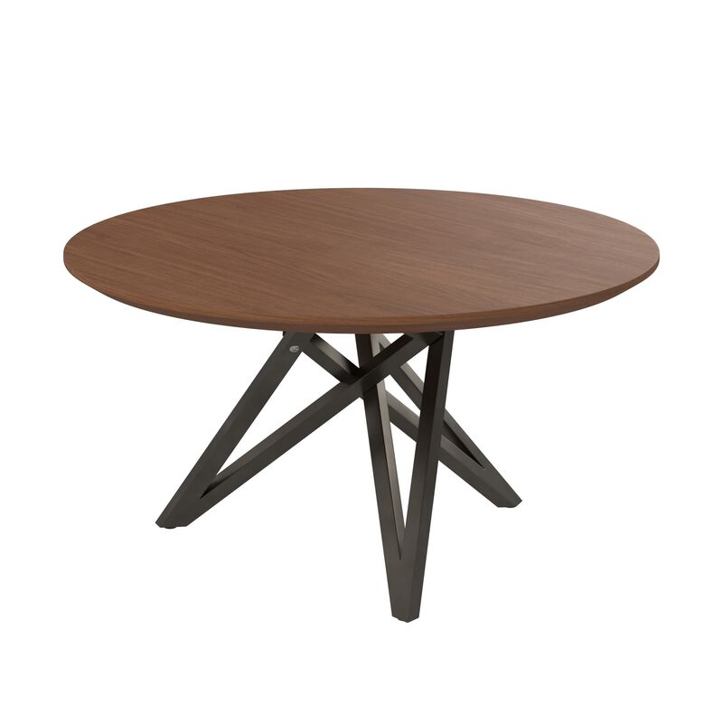 Kimya 47 Inch Dining Table, Round Wood Top, Angled Steel Legs, Brown, Black