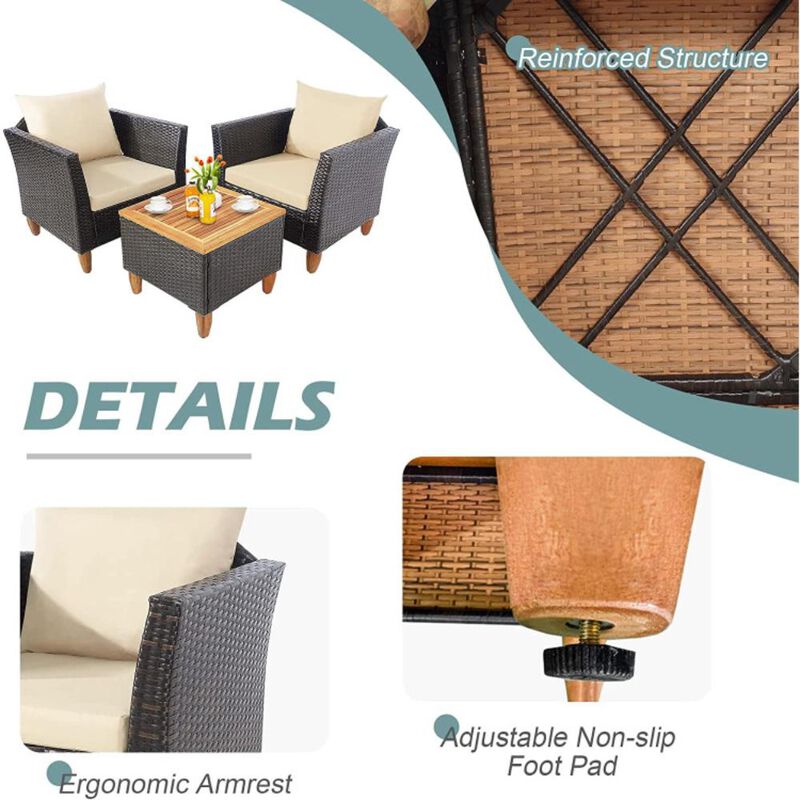 Hivvago 3 Pieces Patio Rattan Bistro Furniture Set with Wooden Table Top