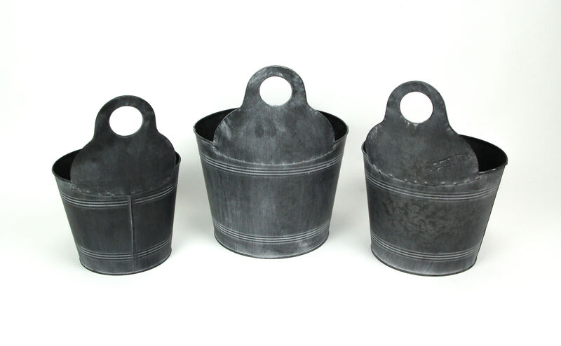 Set of 3 Charcoal Gray Finish Metal Bucket Style Hangable Planters image number 2