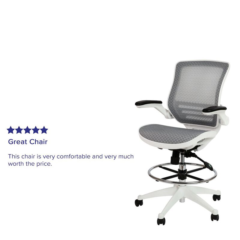 Flash Furniture Mid-Back Transparent Gray Mesh Drafting Chair with White Frame and Flip-Up Arms image number 1