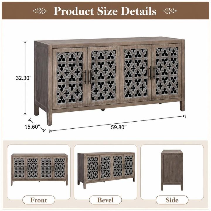 GOODSILO Four Door Hollow Antique Storage Cabinet, Versatile Wooden Storage Furniture for Living Room, Entryway, Kitchen and Dining Space