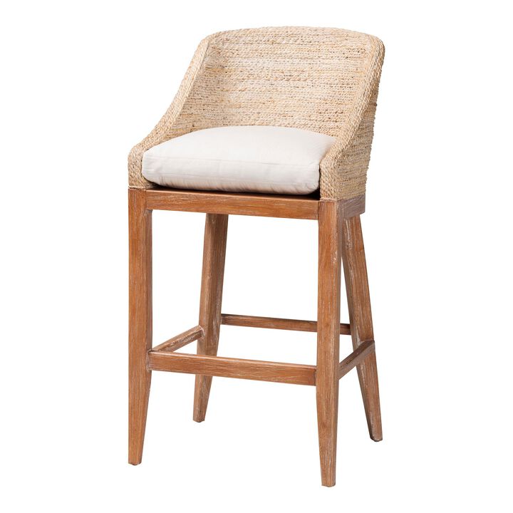 bali & pari Jasper Seagrass Bar Stool with Mahogany Wood Frame - Coastal Seating with Woven Wingback and Cushioned Seat for Bar Island or Lounge