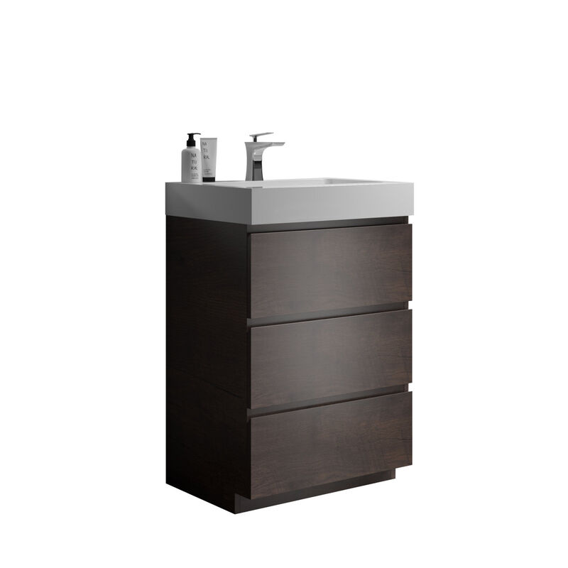 Alice 24" Walnut Bathroom Vanity with Sink, Large Storage Freestanding Bathroom Vanity for Modern Bathroom, One-Piece White Sink Basin without Drain and Faucet