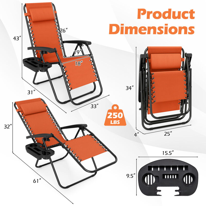 Set of 2 Folding Zero Gravity Chairs with Tray and Backrest image number 2