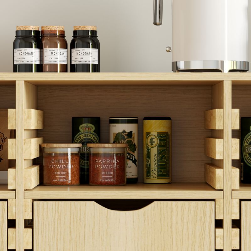 FUFU&GAGA Adjustable 3-Tier Storage Cabinet with 6 Drawers, Open Shelf, Reconfigurable Shelves, Solid Wood Feet, 47.2 in. W x 15.7 in. D x 31.5 in. H, Log color