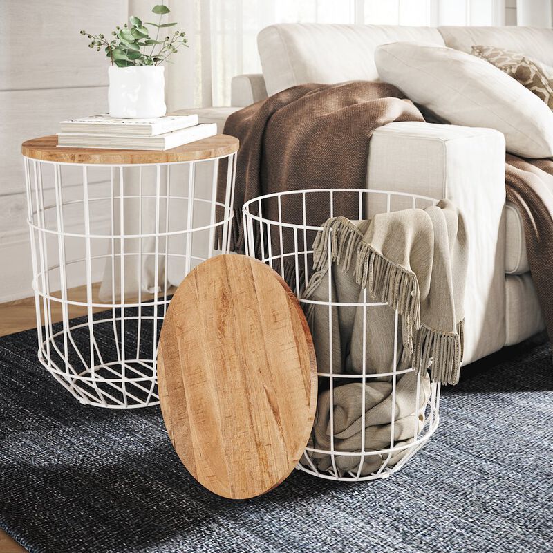 Jofran Global Archive Nested Storage Solid Wood and Metal Basket End Tables (Set of 2)