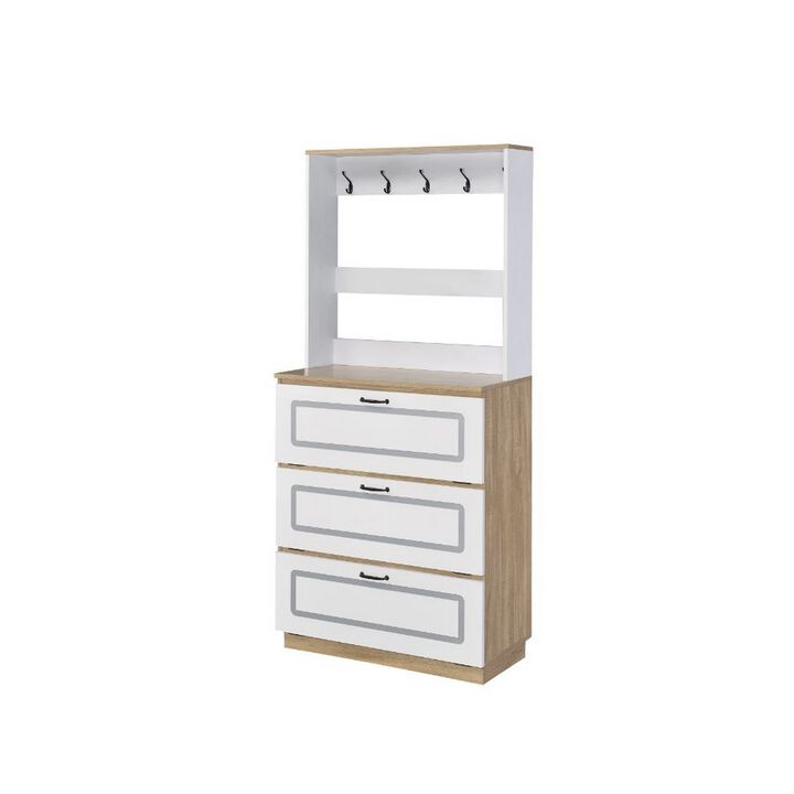 Shoe Cabinet With Storage Drawers and Hooks, White and Brown-Benzara