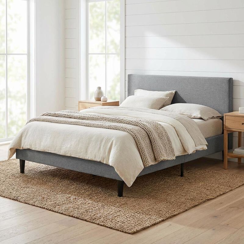 Fabric Queen Bed with Platform Design and Plush Upholstery image number 4