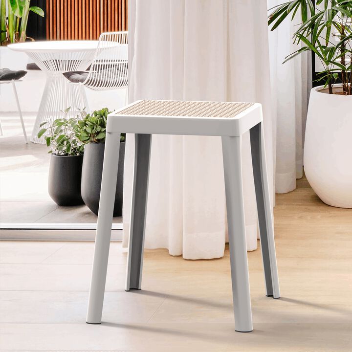 LeisureMod Tresse Stackable Square Dining Stool with Wicker Top, Lightweight Durable Design for Kitchen, Garden, Balcony, Cafe, Deck, or Terrace Use