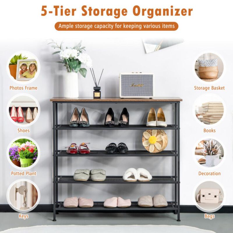 Hivvago Industrial Adjustable 5-Tier Metal Shoe Rack with 4 Shelves for 16-20 Pairs