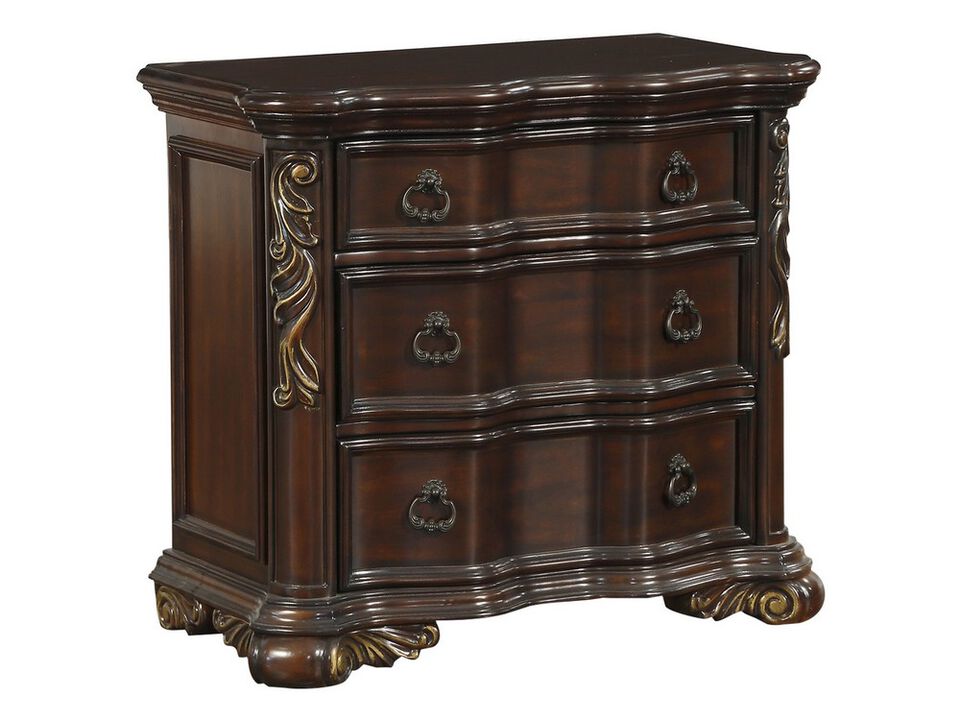 3 Drawer Nightstand with Carved Pilaster and Bracket Feet, Cherry Brown - Benzara