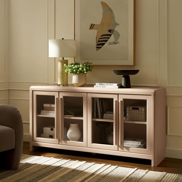 Modway Evren Four Door Sideboard in Ash Wood Grain &ndash; Buffet Cabinet with 4 Glass Doors &ndash; Modern Farmhouse Storage Credenza for Dining Room, Living Room, Office, Entryway