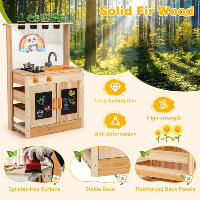 Hivvago Kids Mud Kitchen Fir Wood Playset with Planting Pots and Blackboards