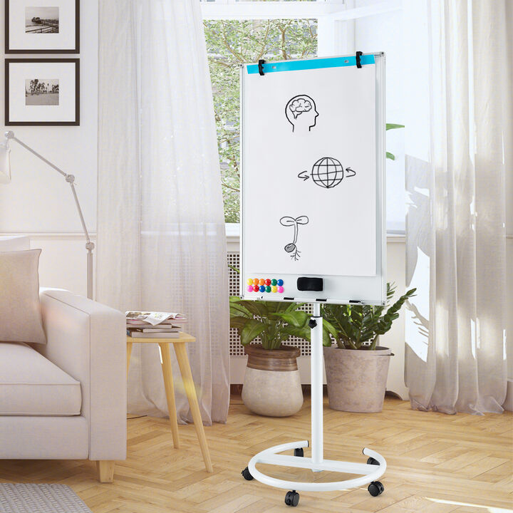 Rolling Height Adjustable Whiteboard with Round Base and Paper Clips
