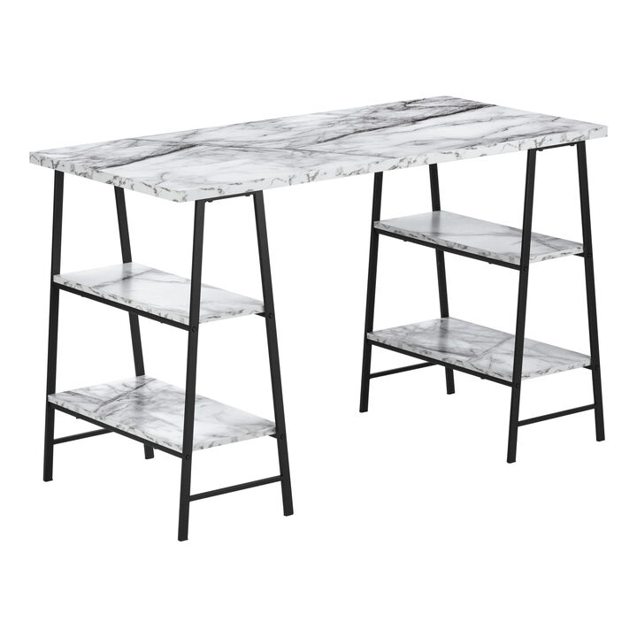 Monarch Specialties I 7527 Computer Desk, Home Office, Laptop, Storage Shelves, 48"L, Work, Metal, Laminate, White Marble Look, Black, Contemporary, Modern