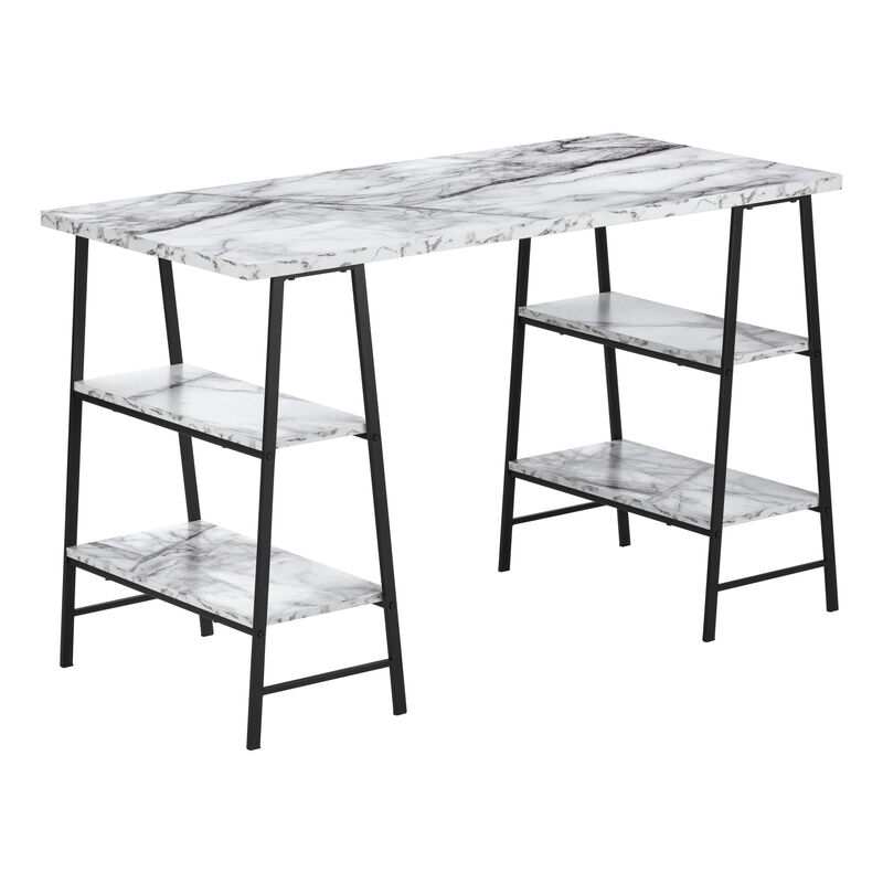 Monarch Specialties I 7527 Computer Desk, Home Office, Laptop, Storage Shelves, 48"L, Work, Metal, Laminate, White Marble Look, Black, Contemporary, Modern