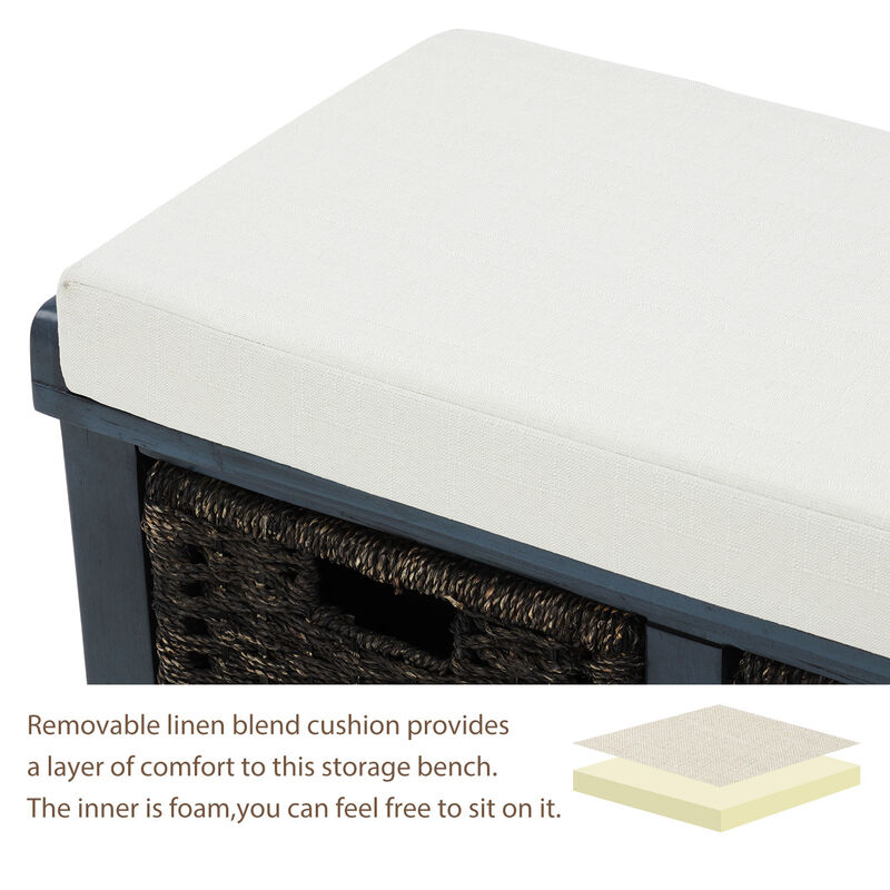 Rustic Storage Bench With 3 Removable Classic Rattan Basket, Entryway Bench