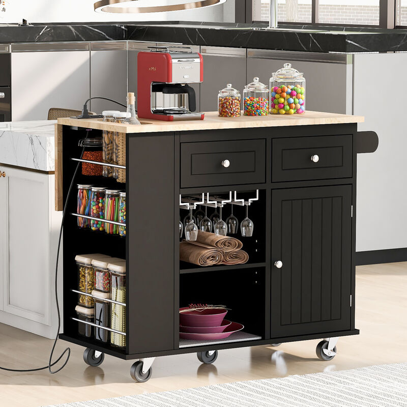 Merax Kitchen Island with Power Outlet,Kitchen Storage Island with Drop Leaf and Rubber Wood