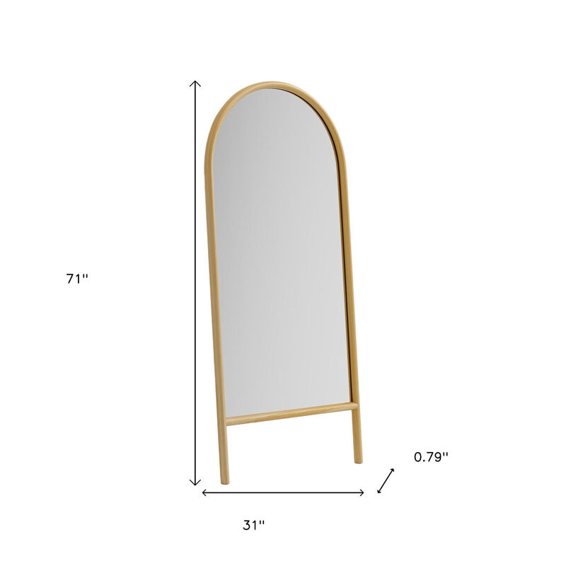 HomeRoots 71" Natural Solid Wood Arch Freestanding Framed Full Length Mirror image number 3