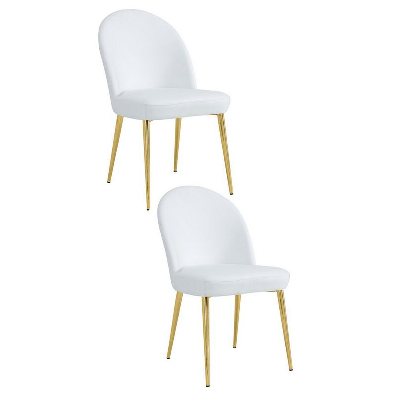 Era 24 Inch Dining Chair Set of 2, Curved Back, White Faux Leather, Gold - Benzara