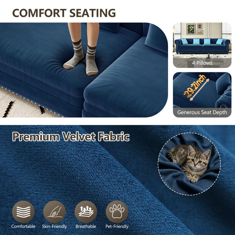 3-in-1 Pull-Out Sleeper Sofa, Velvet Chesterfield Sofa with Rolled Arms and Tufting, 89 Inch Convertible Sofa Bed with Ottoman image number 8