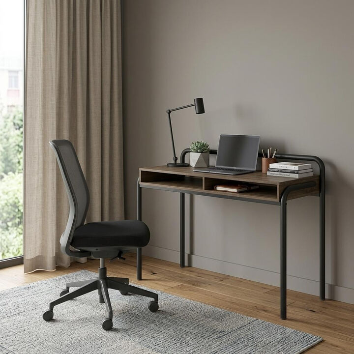 HomeRoots 46" Walnut and Black Wood and Steel Writing Desk