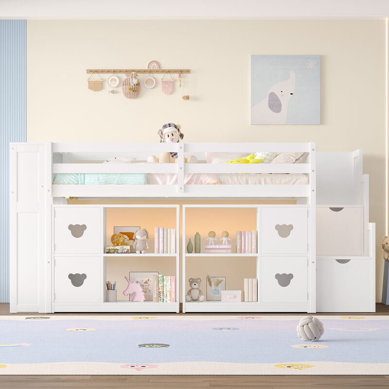 Whisen Low Loft Bed with Storage Headboard and Shelves image number 2