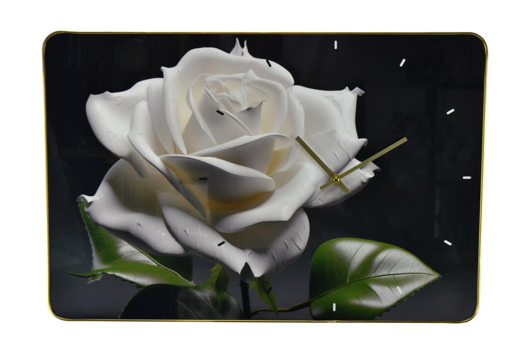 HomeRoots 24" White Black And Green Solid Wood and Acrylic Silent Roses Floral Wall Clock