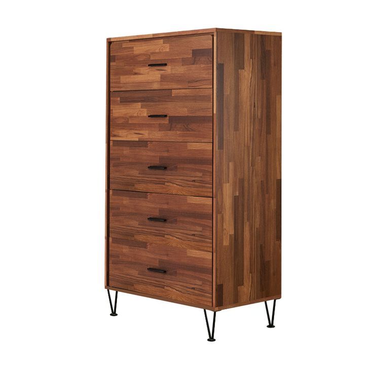Enchanting  Wooden Chest With 5 Drawers, Walnut Brown-Benzara