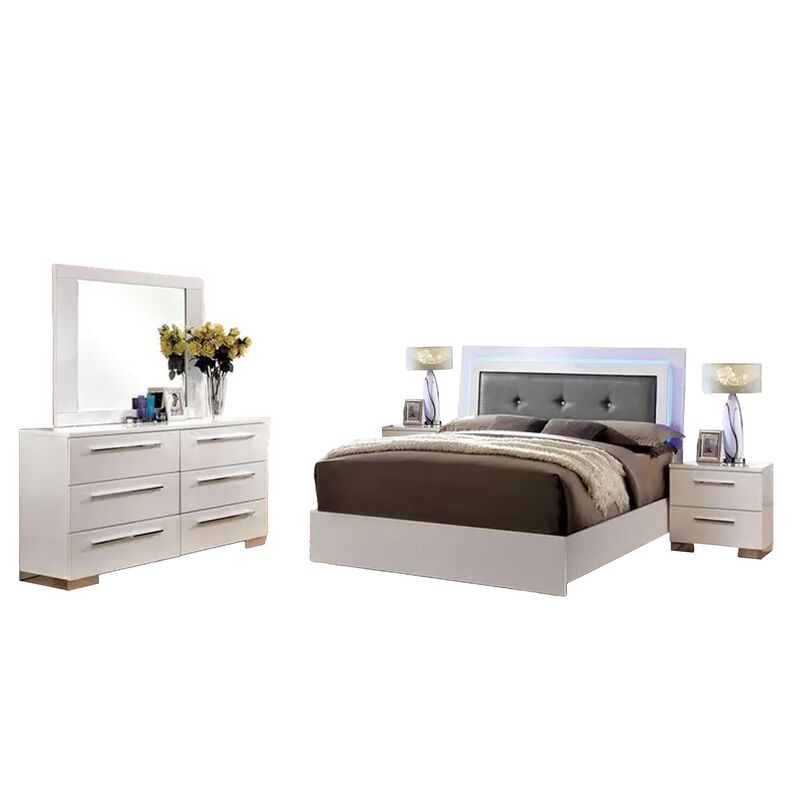 Gely 5pc Queen Bedroom Set, 2 Nightstands, Button Tufted, LED, Glossy White image number 2