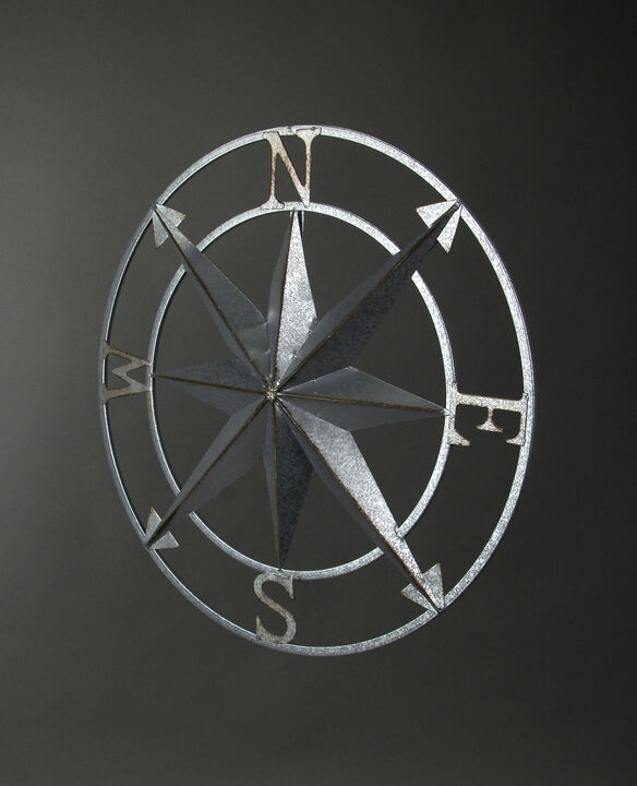 Galvanized Zinc Finish Metal Compass Rose Wall Hanging 20.5 Inch Diameter