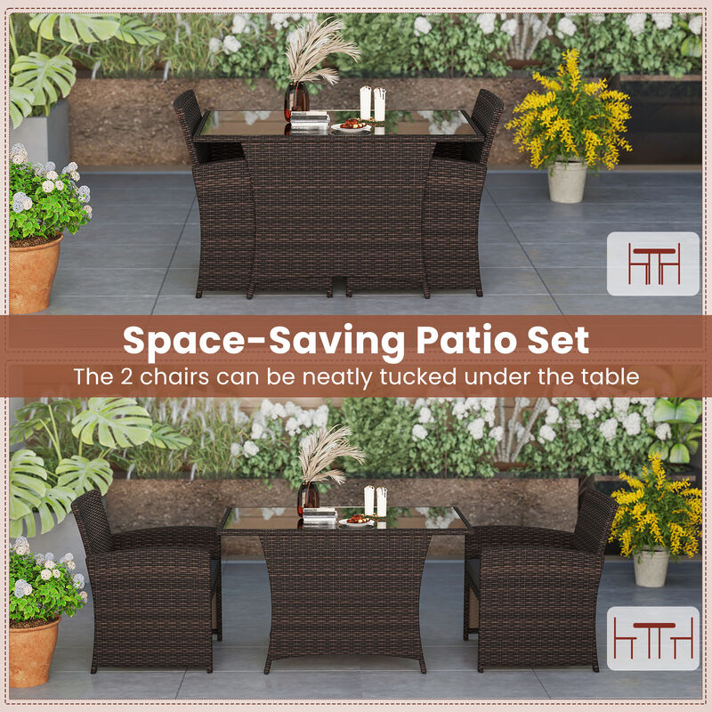 3 Piece Patio Wicker Dining Set with Rectangle Tempered Glass Dining Table