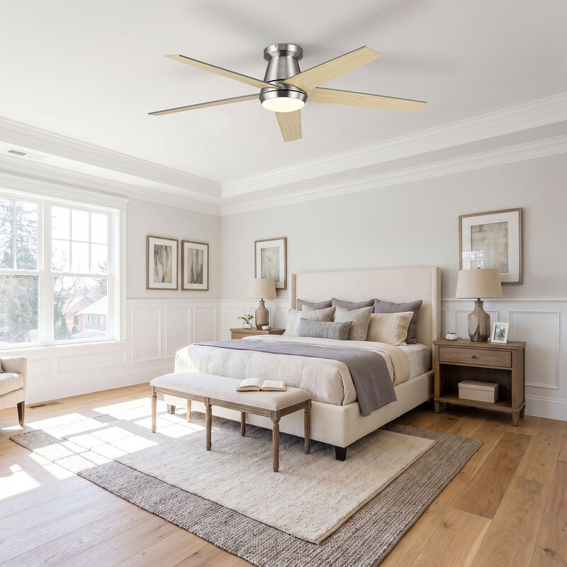52" Satin Nickel Modern Flush Mount Dimmable Reversible 5 Blades Hugger Ceiling Fan with APP Control and Remote image number 4