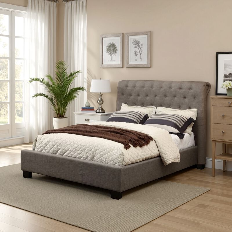 Rue Low Profile California King Bed, Button Tufted Uphosltered, Gray