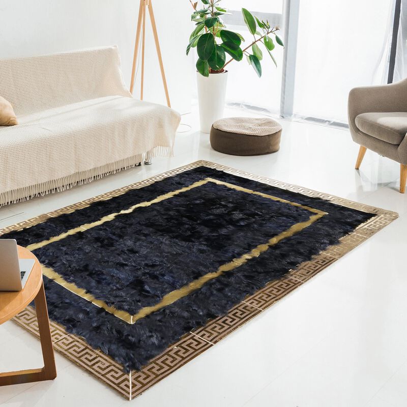 Navy Blue Tuscan Rug - Handmade Genuine Tuscan Leather Carpet with Gold Border image number 1