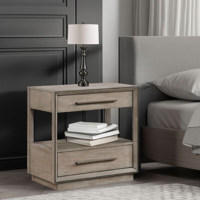 Lyni Nightstand, 2 Storage Drawers, Open Shelf, Washed Oak Brown - Benzara