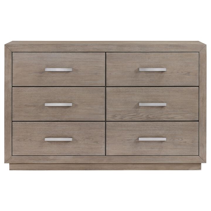 Keno Wide Dresser, 6 Drawers, Metal Bar Handles, Brown Acacia Wood - Benzara