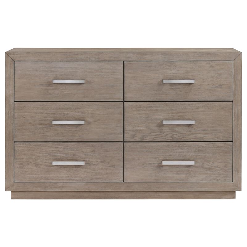 Keno Wide Dresser, 6 Drawers, Metal Bar Handles, Brown Acacia Wood - Benzara