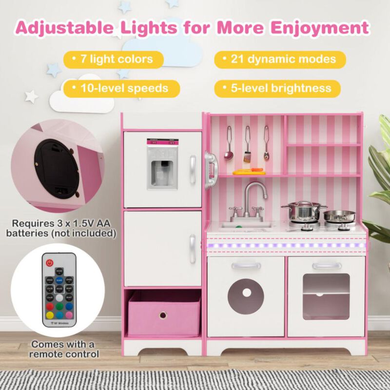 Hivvago Kids Kitchen Playset Wooden Toy with Adjustable LED Lights and Washing Machine