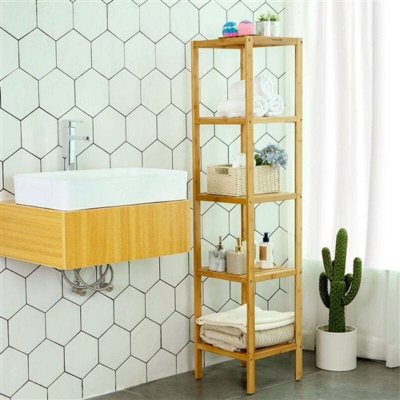 Slim 4-Shelf Wicker Wooden Shelving Unit Storage Rack Bookcase image number 3