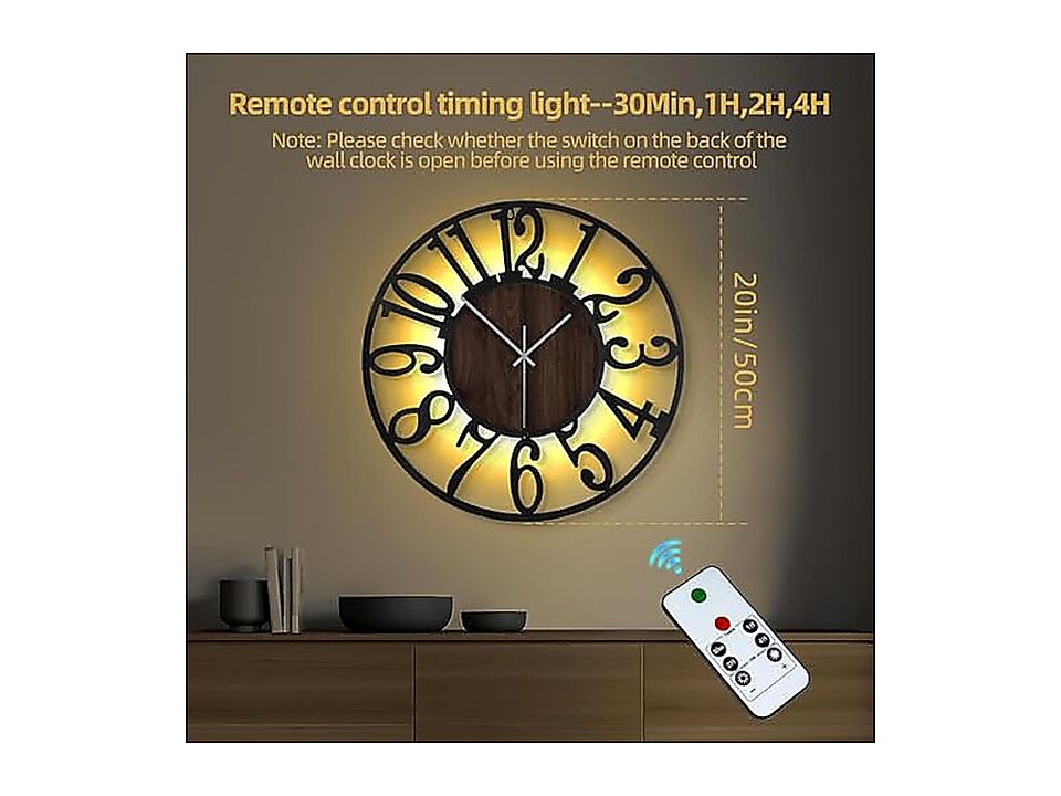 Large Wall Clock 20 Lighted Rustic Wood Remote Timer Silent Battery Operated