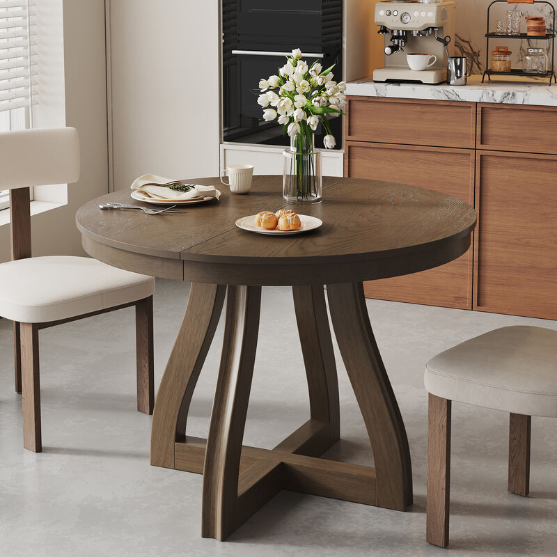 Merax Round Extendable Dining Table for 4-6, 16" Middle Leaf, Curved Table Legs image number 2