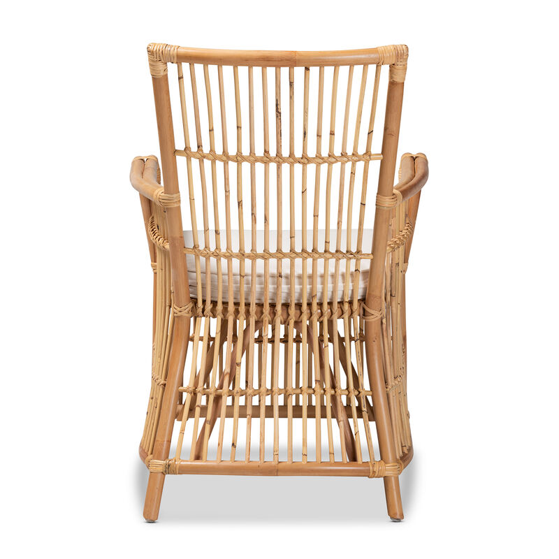 Baxton Studio Rose Modern Bohemian White Fabric Upholstered and Natural Brown Rattan Armchair