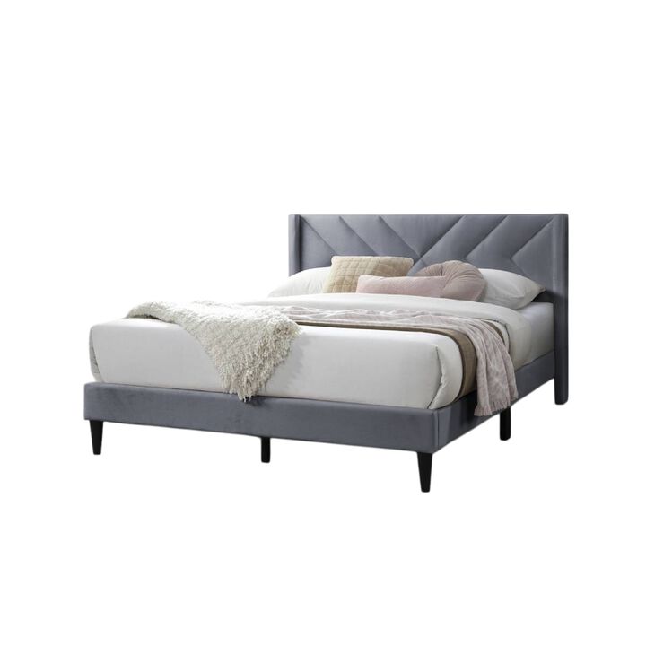 Reno Queen Size Bed, Modern X Channel Tufted Gray Velvet Upholstery - Benzara