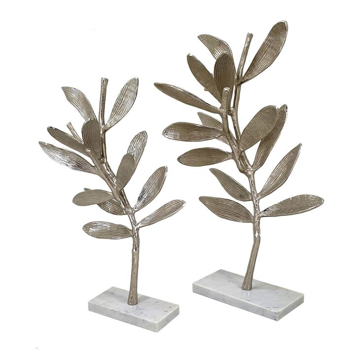28, 23 Inch Set of 2 Metal Statuettess, Decorative Accent Olive Tree, White - Benzara