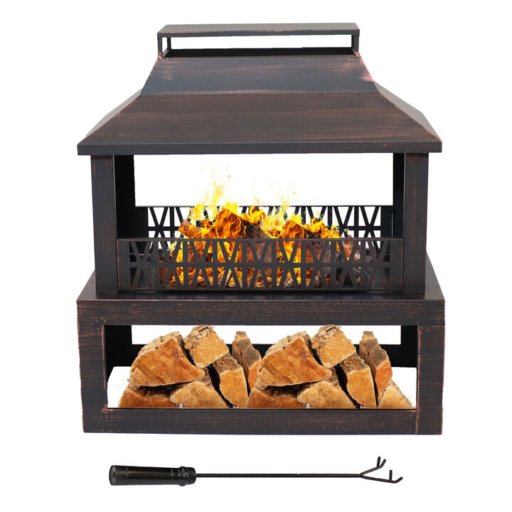 Sunnydaze 32 in Steel Outdoor Fireplace with Log Storage - Brushed Bronze