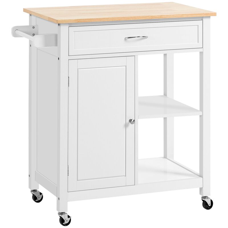 White Kitchen Helper: Rolling Island with Open Shelf & Drawer