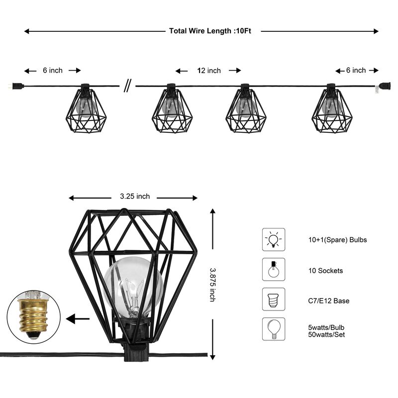 10-Light Indoor/Outdoor 10 ft. Contemporary Transitional Incandescent G40 Diamond Cage String Lights, Black